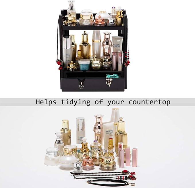 GOBAM Bamboo Makeup Organizer with Drawer, Black Vanity Storage Box, Multi-Purpose Storage for Skincare, Toiletries and Desktop, 2-Tier Countertop Organizer Shelf for Bathroom, Kitchen, Office