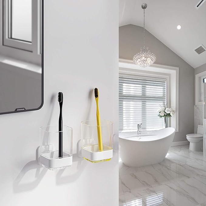 Wall-Mounted Tumbler and Toothbrush Holder, Wall Mounted Adhesive Hanging Electric Toothbrush Organizer Stand for Bathroom with Rinsing Cup, No Drilling Required (White, 3.93"X3.93"X2.97")