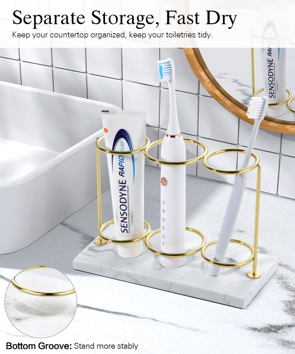 Emibele Electric Toothbrush Holder, 3 Slots 2-Layer Resin Electric Toothbrush Holder Bathroom Toothpaste Razor Storage Non-slip Organizer for Bathroom Toothbrush Toothpaste Cleanser, Gold Marble White