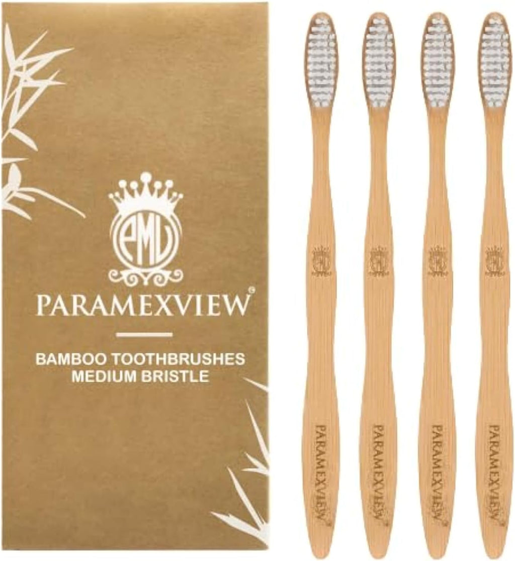 Paramexview® Natural Bamboo Toothbrushes Set of 4 | BPA-Free Medium Bristles, Eco-Friendly | Biodegradable Handle, Charcoal Infused and Organic Base (White)