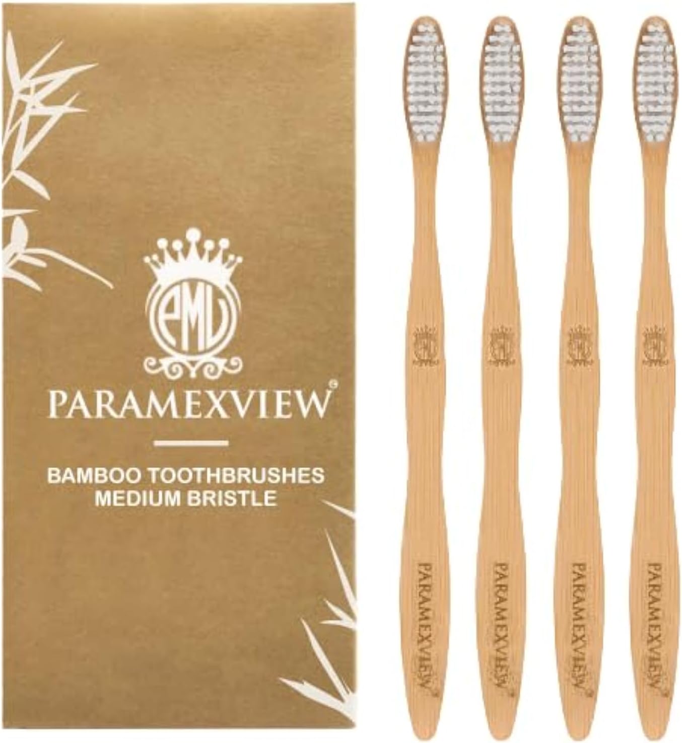 Paramexview® Natural Bamboo Toothbrushes Set of 4 | BPA-Free Medium Bristles, Eco-Friendly | Biodegradable Handle, Charcoal Infused and Organic Base (White)