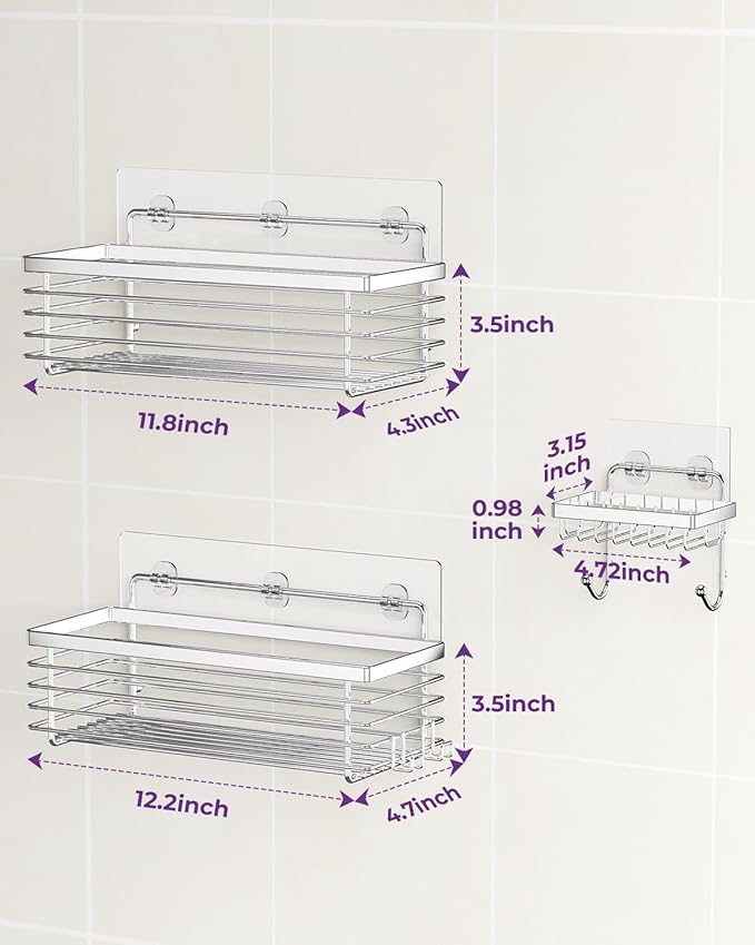 ODesign Shower Caddy 3 Pack SUS304 Stainless Steel-No Drilling-Shower Bathroom Shelves Rack,Rustproof Wall Mounted,Adhesive Shower Shelf Basket Organizer-Silver