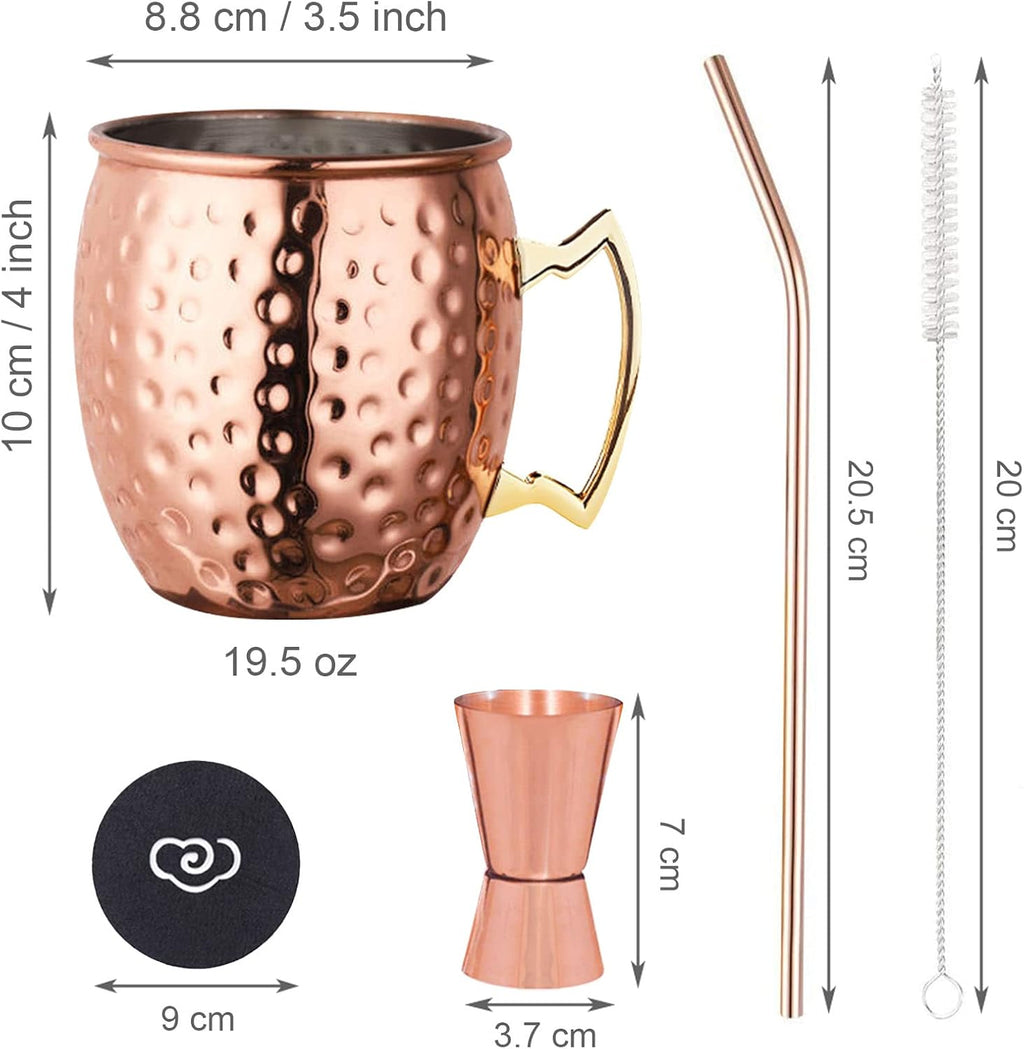 LIVEHITOP Moscow Mule Copper Mugs Set of 2, 19.5 Oz Handcrafted Copper Cups Stainless Steel Lining with Jigger, Straws, Brush, Coasters for Party, Bar, Gift