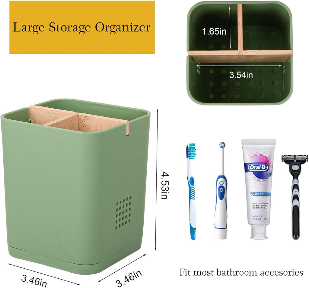 Electric Toothbrush Holder 3 Slots Tooth Brushing Holder with Bamboo Dividers for Bathrooms, Plastic Toothbrush and Toothpaste Organizer for Shower, Countertop, Vanity, Green