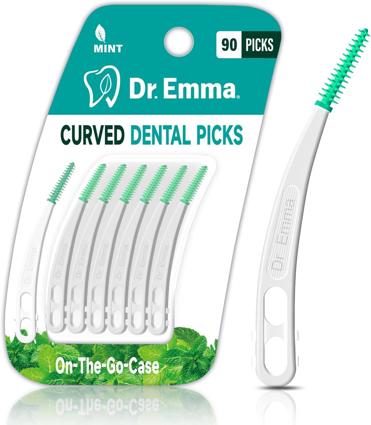 Dr. Emma Dental Picks Mint Curved Soft Rubberized Tooth Picks Easy to Use Brush Picks with Carry Case, 90Ct