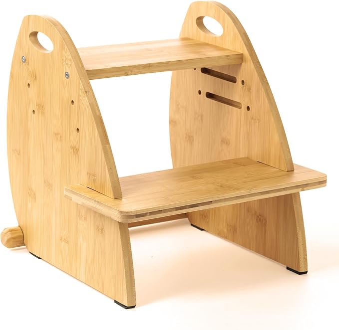 Wooden 2 Step Stool for Kids,Toddler Adjustable Triple Height Step Stool,Bamboo Bird-Shaped Design,300lbs Capacity,Ideal for Bathroom,Kitchen,Bedroom