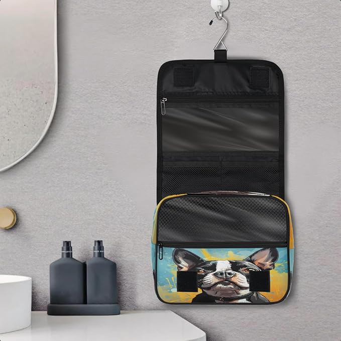 Hanging Toiletry Bag for Women Men Travel Boston Terrier Dog Art Painting Makeup Organizer with Compartments, Waterproof Portable Cosmetic Bag with Hook and Handle
