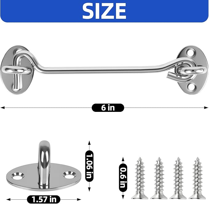 6" Silver Stainless Steel Gate Latch, Barn Door Lock with Screws, Privacy Hook for Inside Door, Fence, Window, 2 PCS