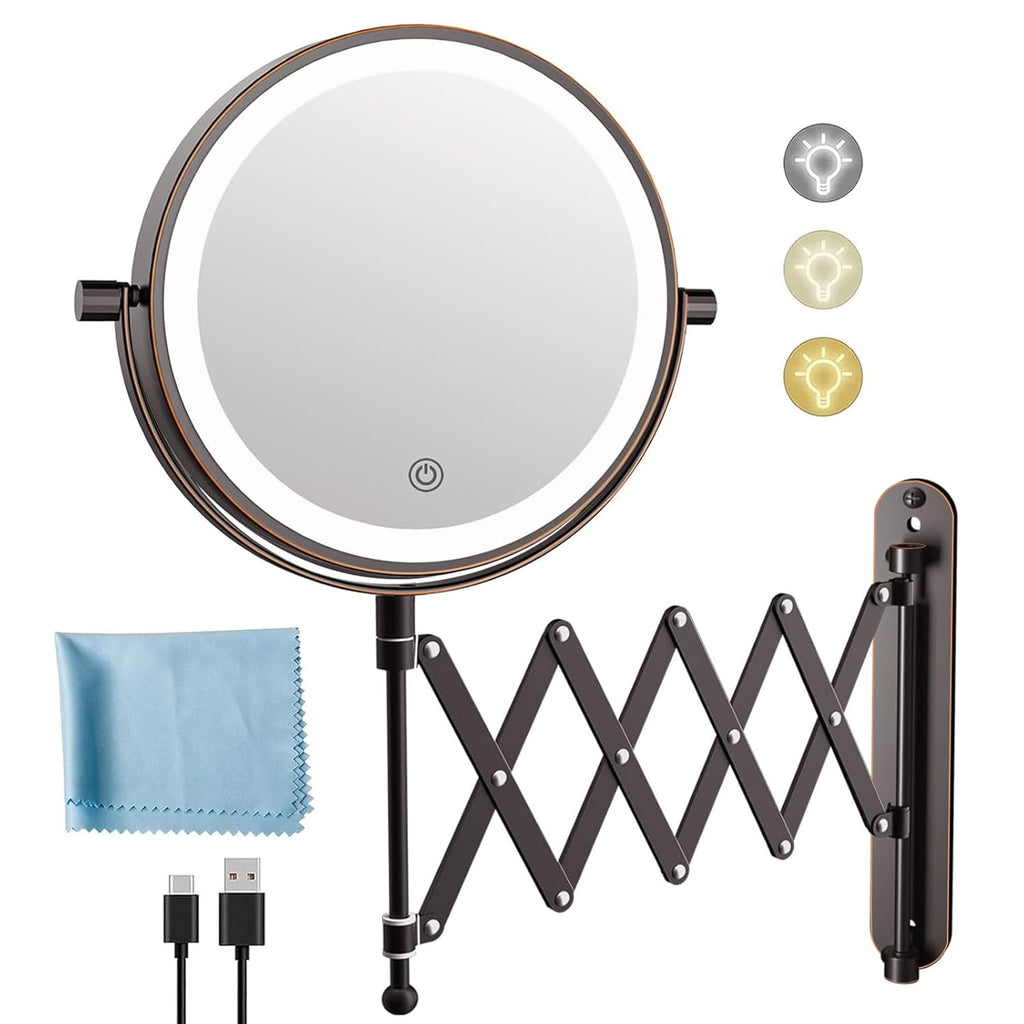 Rechargeable Wall Mounted Makeup Mirror - 8 Inch Double Sided 1X/10X Magnifying Mirror with 3 Color Lights Dimmable Touch Screen, 360°Swivel 19.6 Inch Extendable Accordion Bathroom Mirror