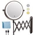 Rechargeable Wall Mounted Makeup Mirror - 8 Inch Double Sided 1X/10X Magnifying Mirror with 3 Color Lights Dimmable Touch Screen, 360°Swivel 19.6 Inch Extendable Accordion Bathroom Mirror