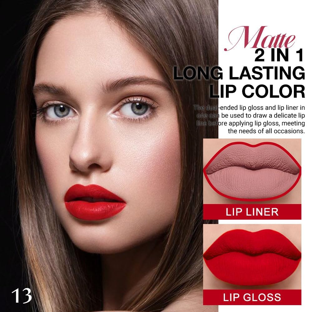 1Pcs 2 in 1 Bright Red Matte Lip Liner and Liquid Lipstick Stain Makeup Set for women, Red Long Lasting Smudge Proof Lip Tint Matte Finish Lip Gloss for All-Day Color Hold Easy to Use 13#