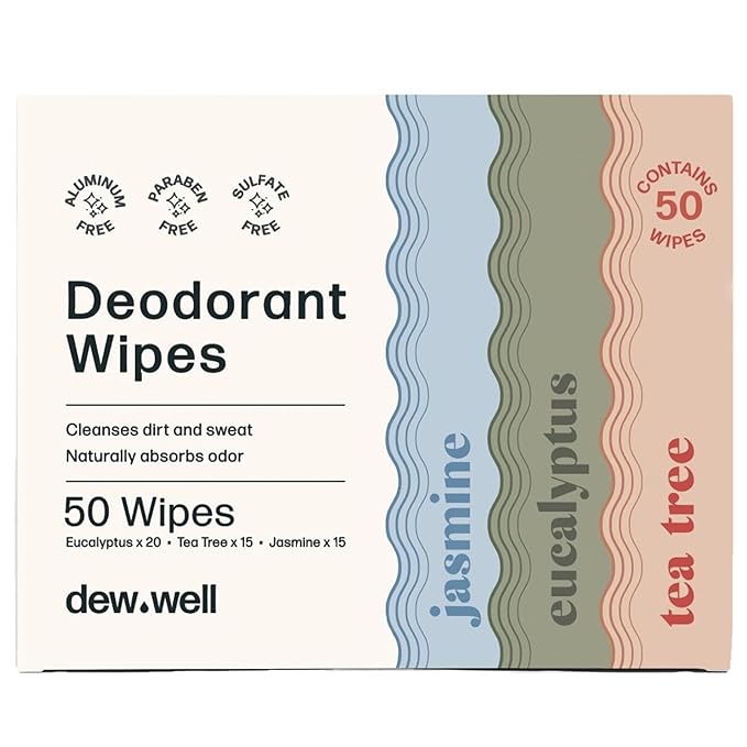 Dew Well Refreshing Deodorant Wipes, Refresh Body Deodorant Wipes, A Fresh Start When You’re On the Go, Aluminum, Paraben, and Sulfate Free, Variety Pack (Tea Tree, Eucalyptus, Jasmine)