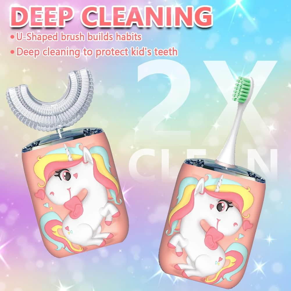 Kids Toothbrush Electric, U Shaped Ultrasonic Automatic Toothbrush with 2 Brush Heads, Six Cleaning Modes, Cartoon Modeling Design for Kids, Special for Birthday Gift (Pink, Kids 2-7)