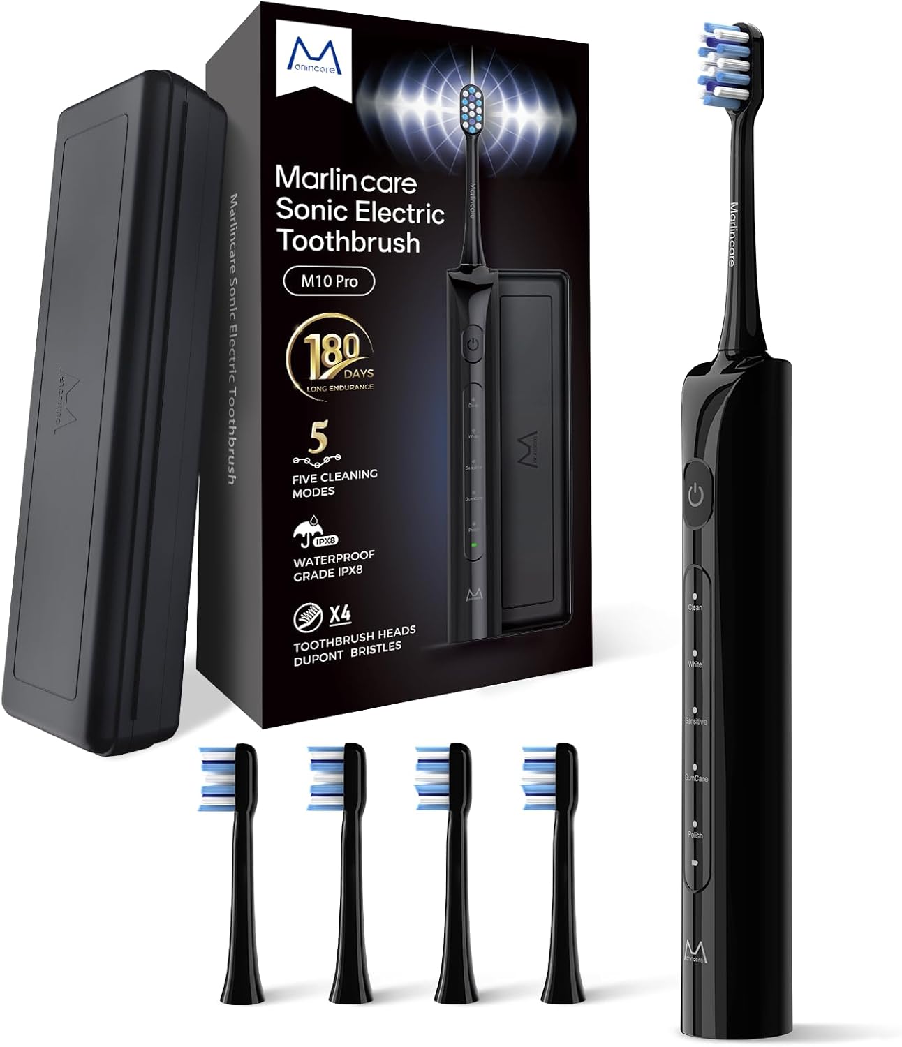 Electric Toothbrush for Adults, Rechargeable Sonic Travel Toothbrush Teens with 4 Brush Heads-180 Days Battery Life, 55000VPM, 5 Modes Smart Timer& Travel Case, Black