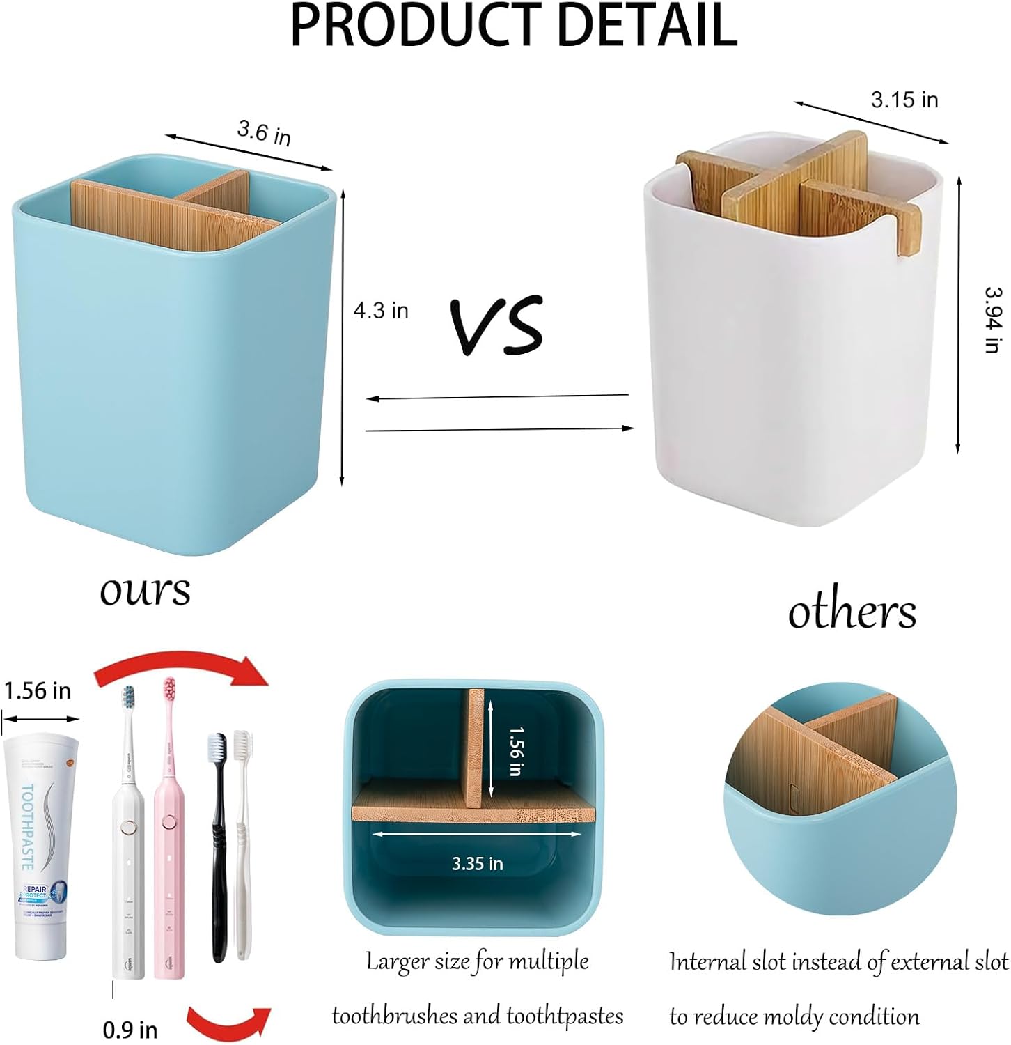 Bamboo Toothbrush Holder for Bathrooms, 3 Slots Toothbrush and Toothpaste Holder Bathroom Counter Organizer for Electric Toothbrushes, Floss, Razors - Blue