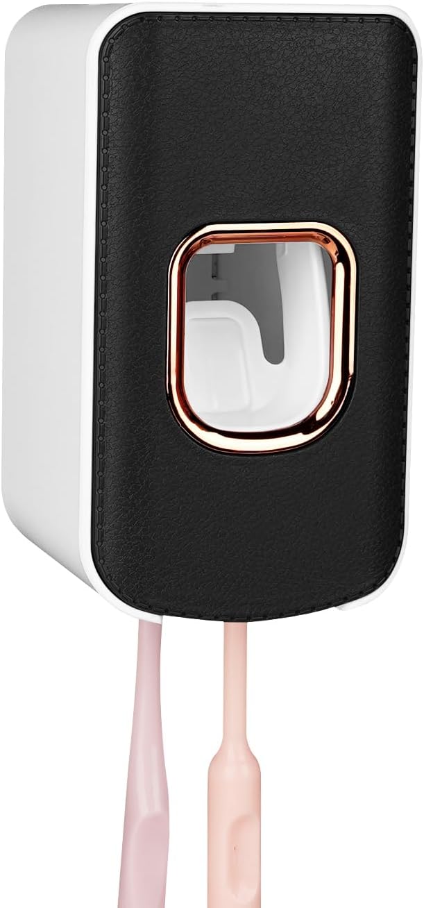 2 Slot Plastic Toothbrush Holder and Toothpaste Dispenser Wall Mounted, Automatic Toothpaste Squeezer, 2 in 1 Tooth Brush Toothpaste Organizer for Shower (Black)