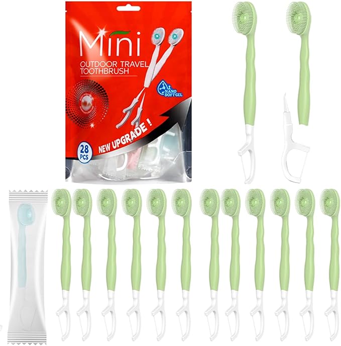 Mini Brushes-Disposable Toothbrushes with Toothpaste Tongue Scraper Floss Pick Travel Toothbrush Individually Wrapped Prepasted Toothbrush for Work or Travel (Green Apple)