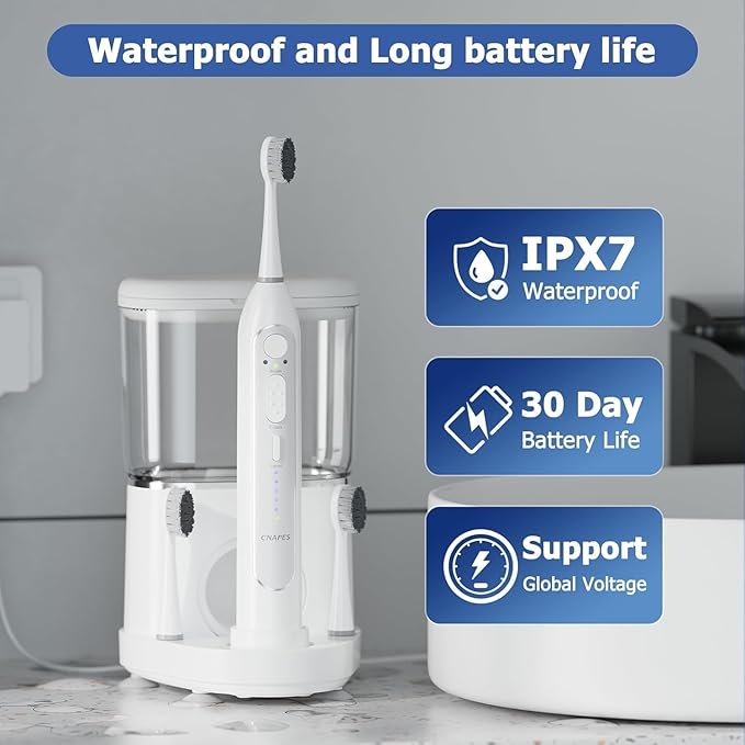 Electric Toothbrush with Water Flossers for Adults, Upgrade Flossing Toothbrush Combo, 5 Floss Speeds&3 Brush Modes, 500mL Tank, 30-Day Battery, for Adults & Teens, Gums, Braces, Dental Care, White