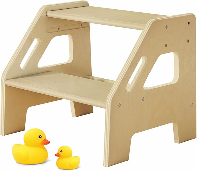 2 Step Stool for Toddlers Bathroom Sink, Kids Step Stool for Toilet Potty Training, Baby Child Toddler Stepping Ladder with Handles for Kitchen Counter Bedroom Nursery Bed (Natural Wood)