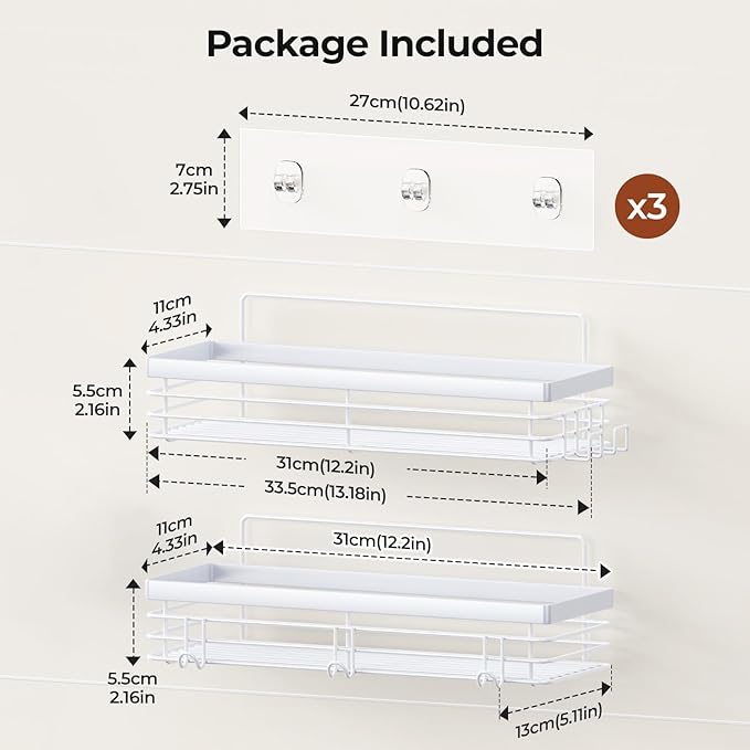 Orimade Shower Caddy with 5 Hooks for Hanging Razor and Sponge Adhesive Shower Shelf Basket Bathroom Storage Organizer Kitchen Rack No Drilling Stainless Steel Rustproof - 2 Pack,White