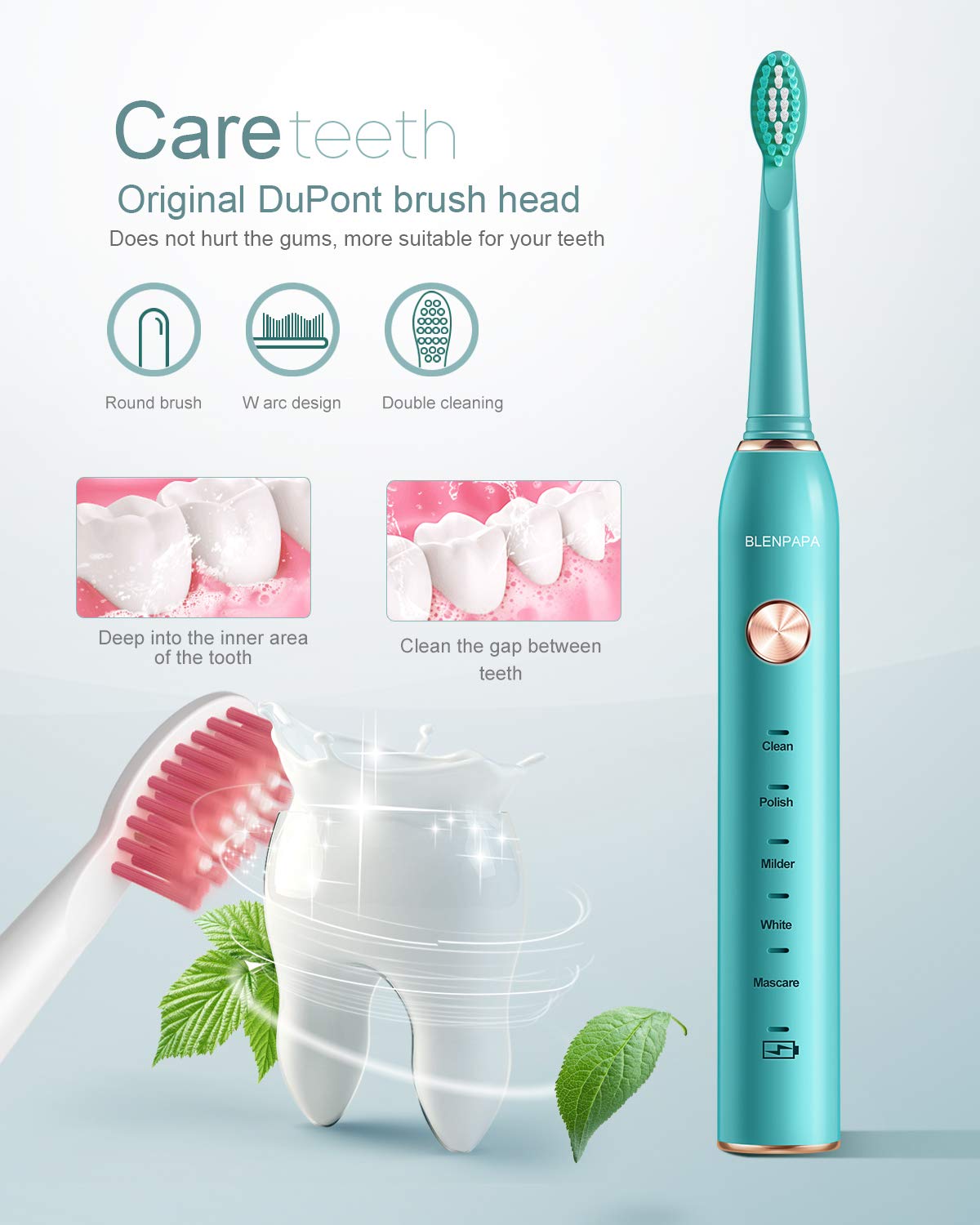 USB Rechargeable Sonic Electric Toothbrush for Adults Powered Motor Soft Dupont Brush Heads 2 Minutes Timer 5 Modes Teeth Whitening, Green