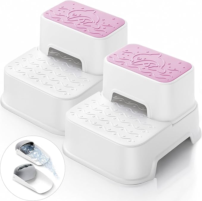 2-Step Stool for Kids - Toddler Anti-Slip Step Stool for Bathroom Sink/Toilet Potty Training/Kitchen Counter, 10" Height, 220 lbs Capacity, Durable & Stable (2Packs Pink)