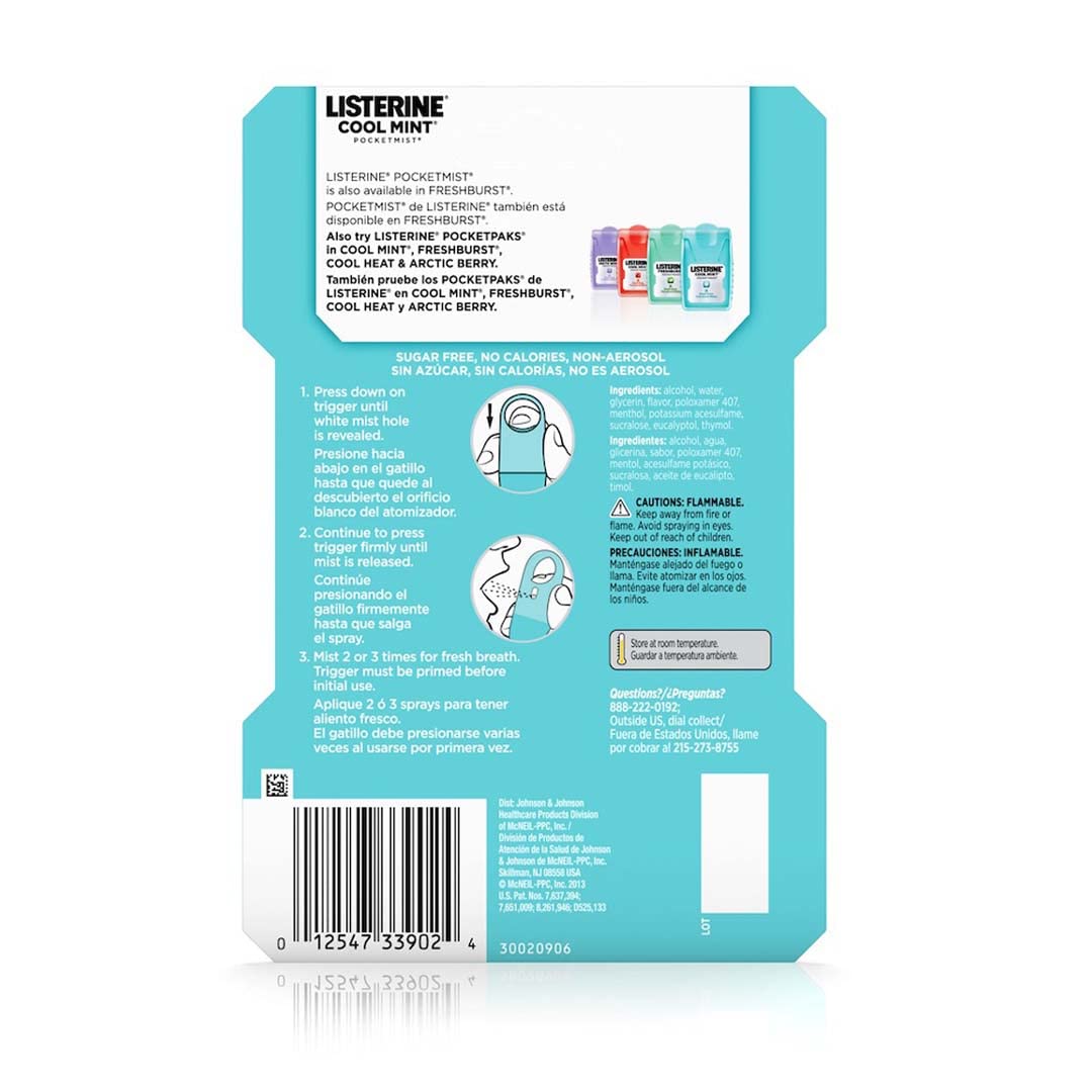 Listerine Cool Mint Pocketmist, Oral Care Mist for Fresh Breath, Non-Aerosol Sugar-Free Bad Breath Refresher Spray to Kill 99% of Bad Breath Germs, Portable, Cool Mint Flavor, 2 Sprays