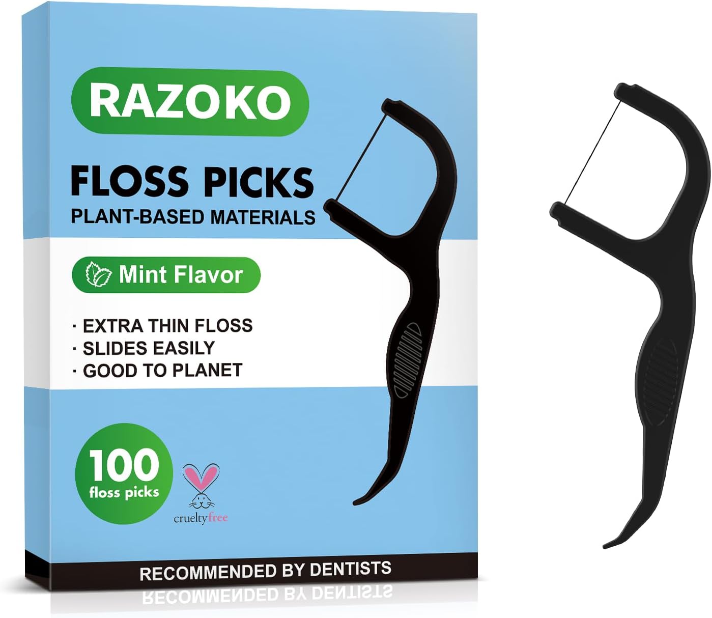 RAZOKO Biodegradable Dental Floss Picks, Charcoal Toothpick Stick Soft On Gum & Teeth, Plant Based Dental Floss Picks for Adults & Kids, 100 Count Mint