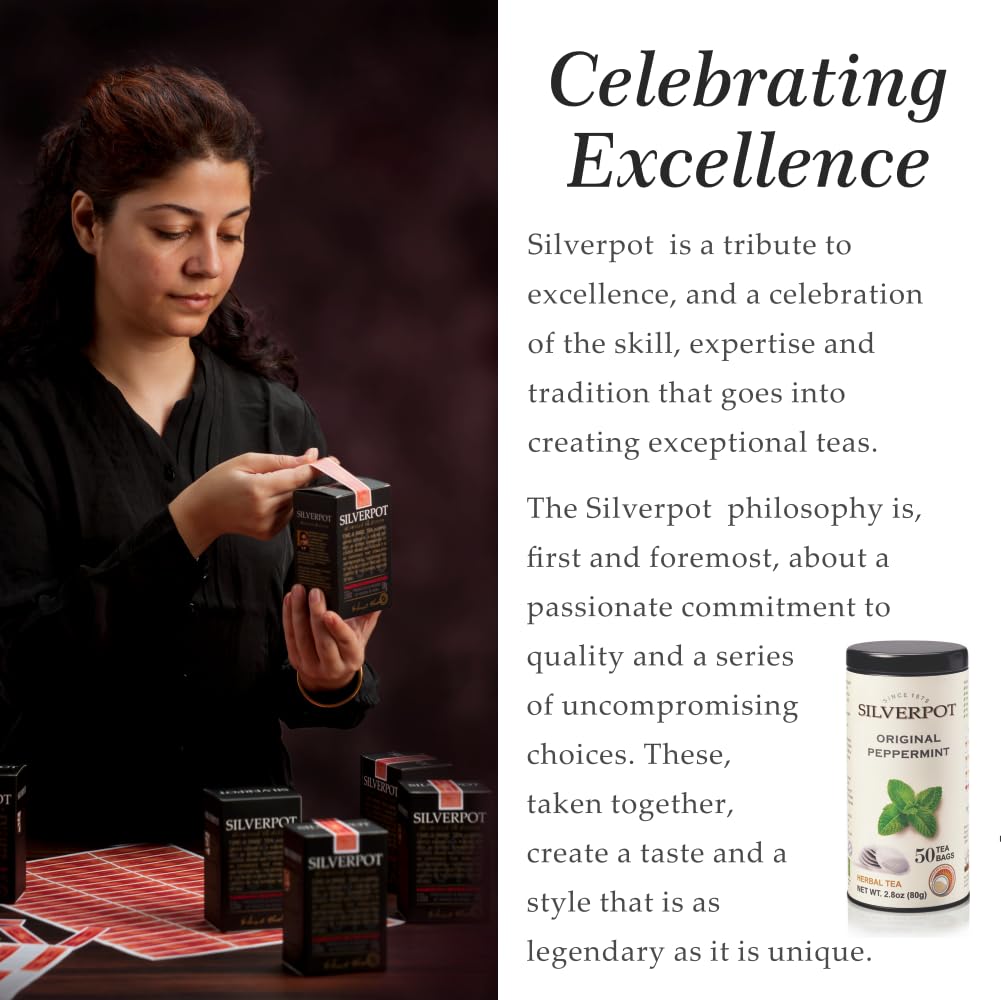 Silverpot Original Peppermint Tea Bags - 50 Round Bags | Natural, Refreshing Mint | Caffeine Free, Herbal | Reusable Tin