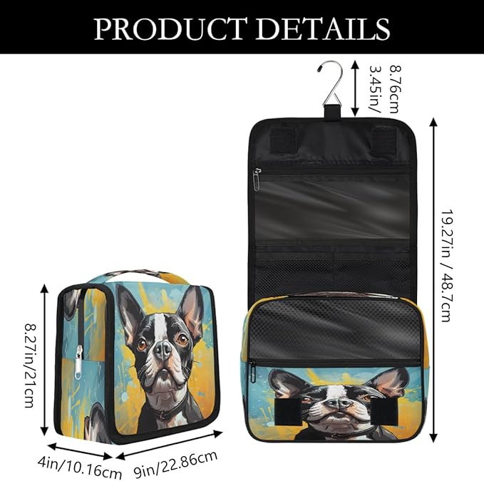 Hanging Toiletry Bag for Women Men Travel Boston Terrier Dog Art Painting Makeup Organizer with Compartments, Waterproof Portable Cosmetic Bag with Hook and Handle
