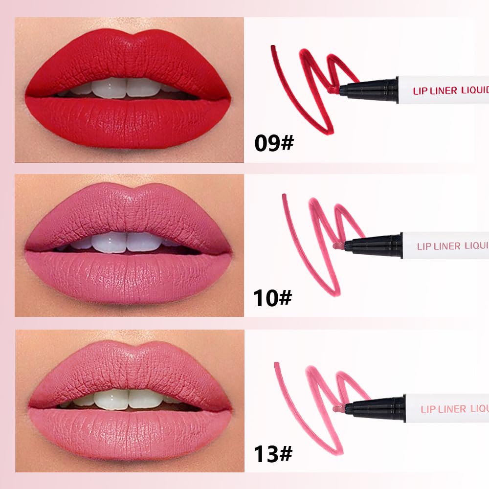 Kaely 3Pcs Ruby Red Dusty Pink Warm Pink Longwear Liquid Lip Liner Waterproof, 24 Hour Long Lasting Lip Liner Stain Marker Pen, 2-in-1 Matte Semi Permanent Lipliner & Lipstick, 09+10+13