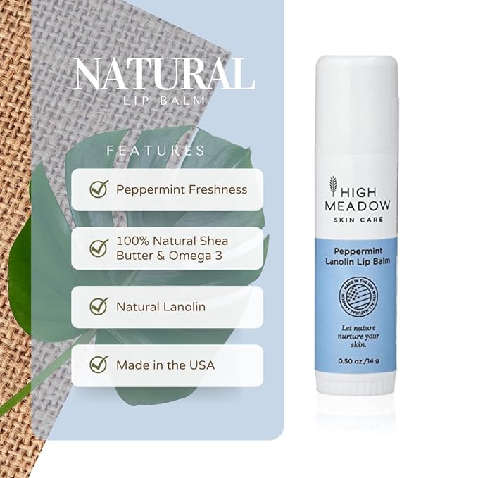 High Meadow Lanolin Peppermint Lip Balm Stick-Natural Unisex Lip Care With Shea Butter, Hydrates, Moisturizes, and Protects Lips, Great for Cold Sores, Fever Blisters, Long-Lasting Clear Lip Hydration