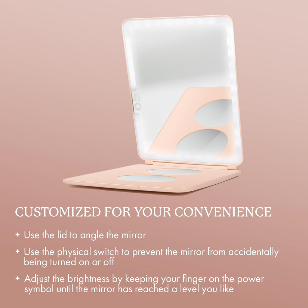 Vanity Planet Handheld Makeup Mirror with Lights, Pose 2.0 (Blush) - Light Up Travel LED Mirror with 3X & 5X Magnification - Dimmable Lighting & Micro-USB Rechargeable Lighted Compact Mirror