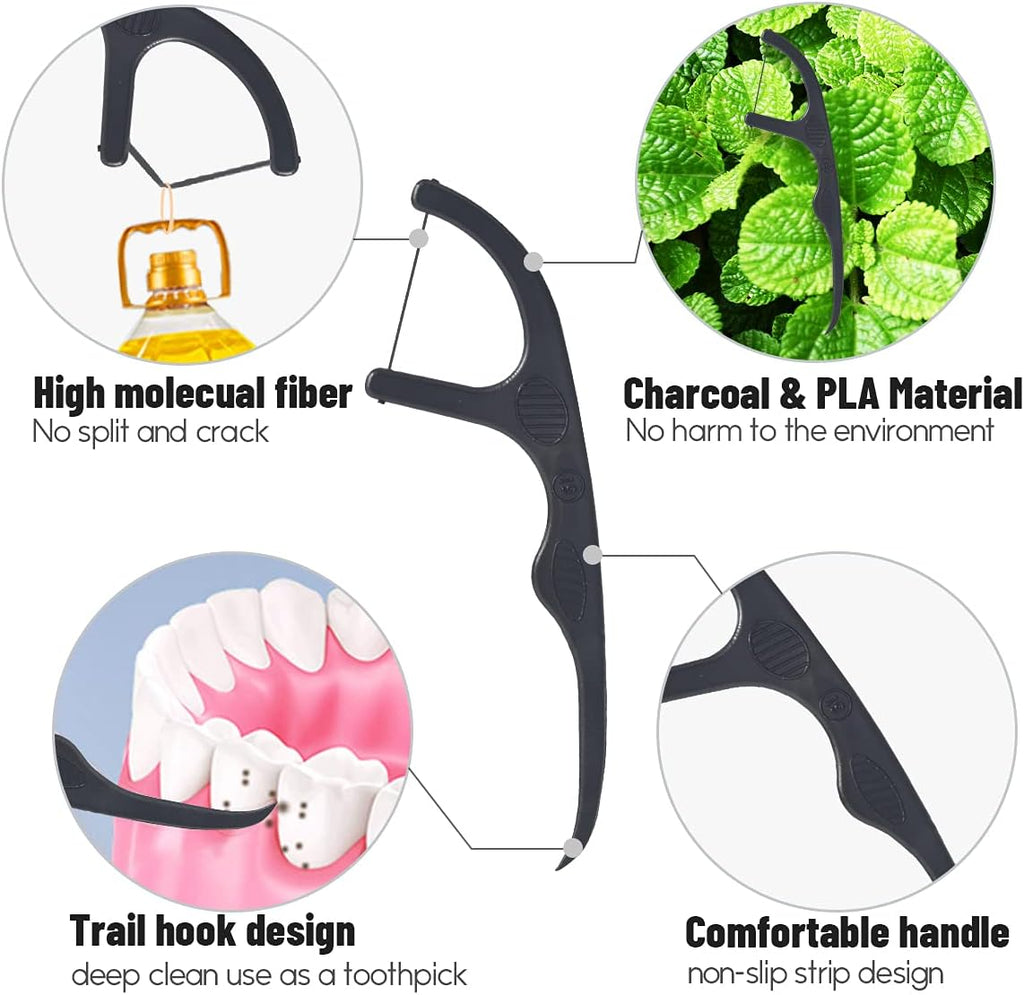 Y-Kelin Natural Dental Floss Picks - Vegan, Eco Friendly Black Bamboo Charcoal Dental Teeth Stick Tooth Pick Toothpick Flosser for Oral Care with a Fresh Feel Minty Flavor (100 Pcs)