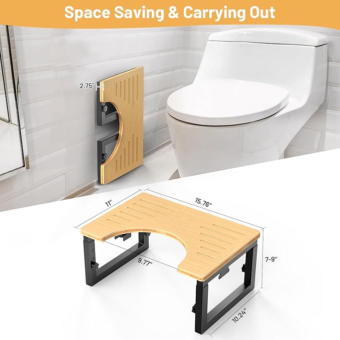 Bamboo Toilet Stool Foldable, 7 in, 8 in Or 9 in Adjustable Height Squat Stool Potty for Adults Kids, Sturdy Poop Step Stool for Bathroom, Improve Squatting Posture, Non-Slip,500 lbs Capability