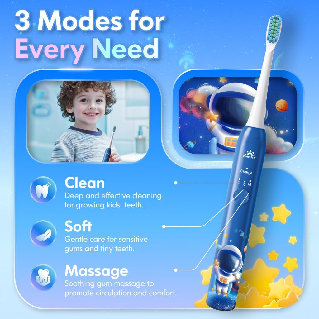 Electric Toothbrush Kids Age 3-5-7-8-12 Year Old, Childrens Electric Toothbrush Rechargeable with Timer 3 Modes 4 Vibrating Heads Habit Stickers 31000VPM Boys Electric Tooth brush (Astronaut Blue)