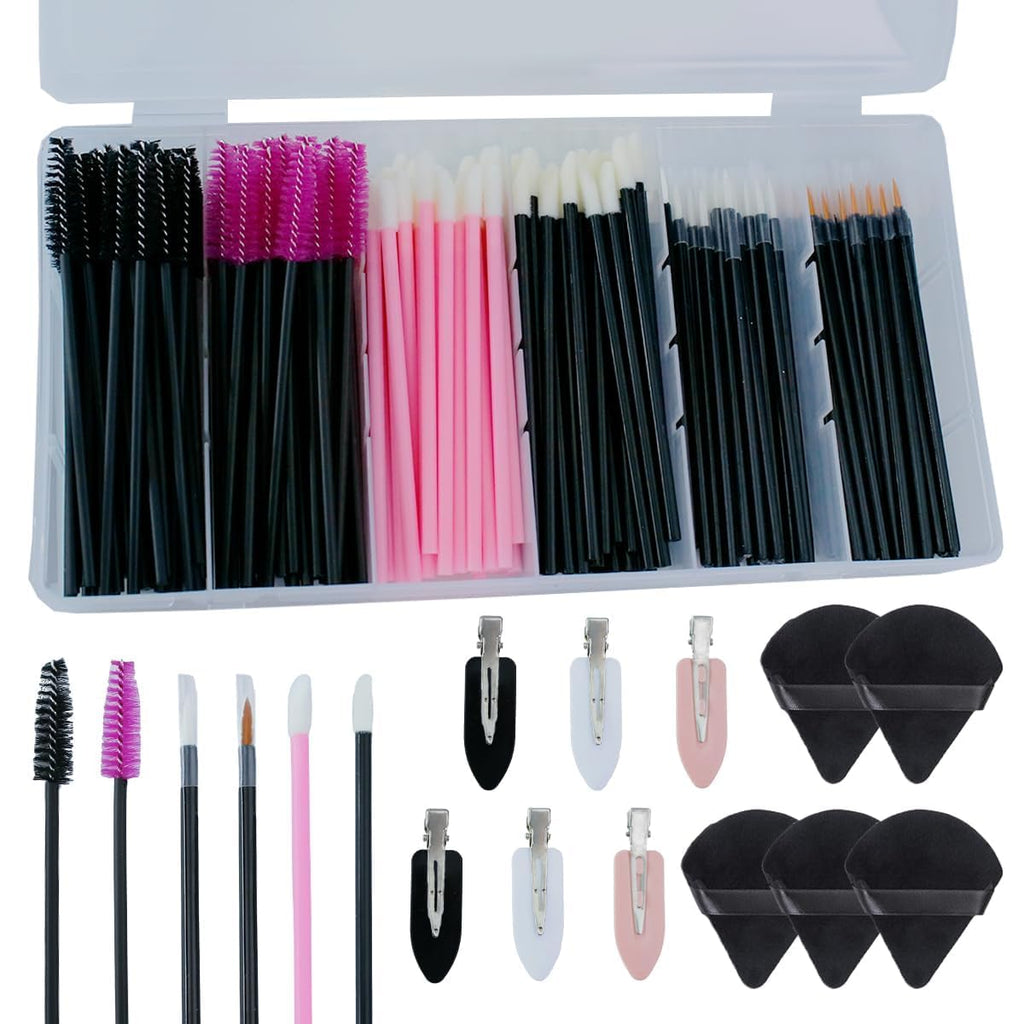201pcs Disposable Makeup Applicators Kit with 80 Mascara wands 80 Disposable Lip Applicators 30 Eyelash liner Brushes 5 Triangle Makeup Puffs and 6 Bobby Pins for Makeup Artist Supplies