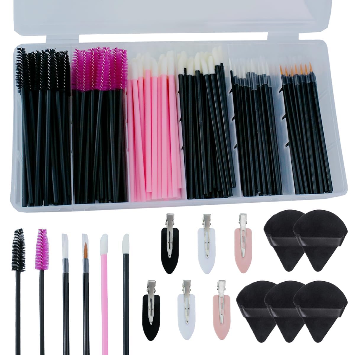 201pcs Disposable Makeup Applicators Kit with 80 Mascara wands 80 Disposable Lip Applicators 30 Eyelash liner Brushes 5 Triangle Makeup Puffs and 6 Bobby Pins for Makeup Artist Supplies
