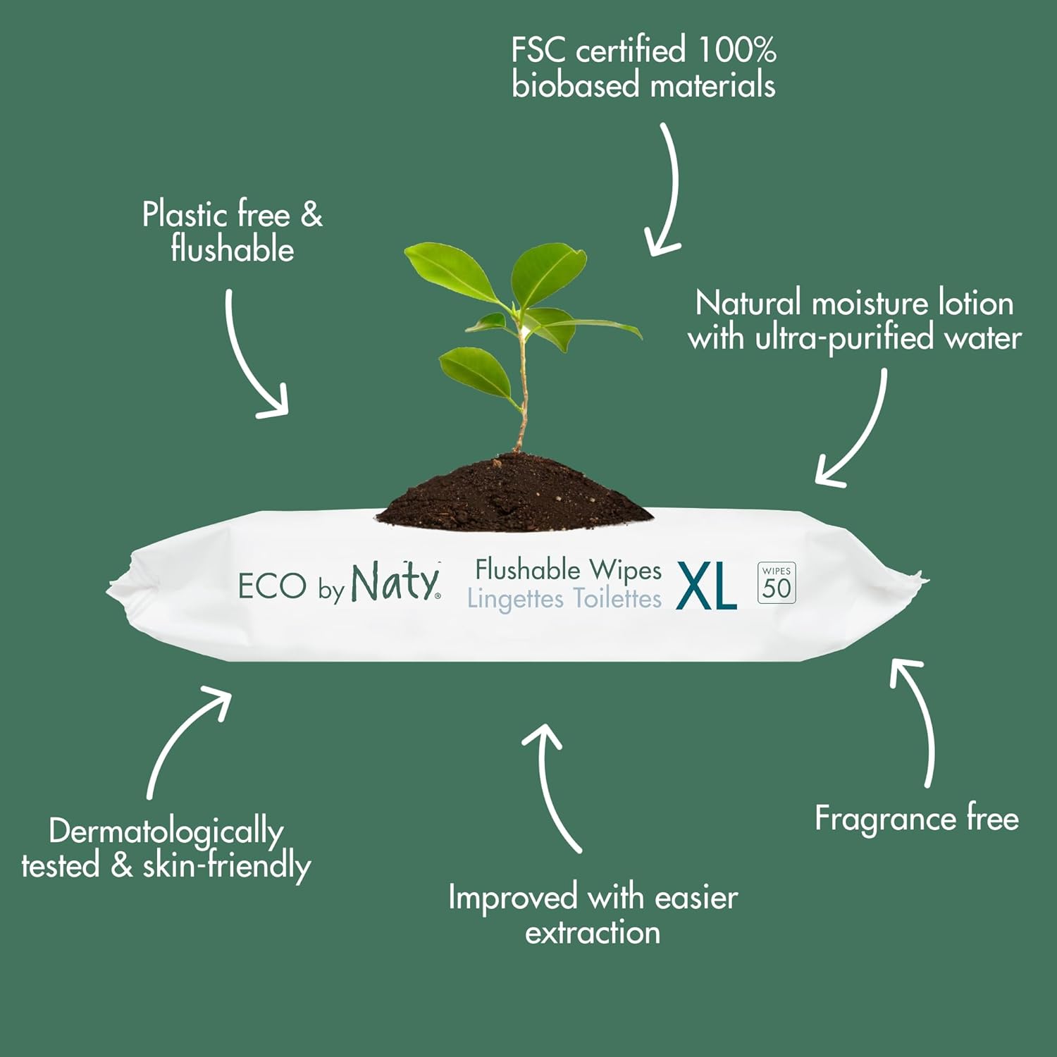 Naty Flushable XL Baby Wipes - Unscented, 100% Plant-Based, Plastic-Free, Fragrance-Free, Hypoallergenic for sensitive skin and Dermatologically Tested (XL - 600 Count - 12 Packs of 50)