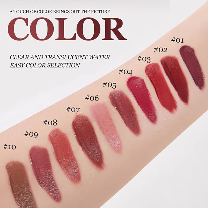 Matte Lip Stain – High Pigment Non-Transfer Matte Liquid Lipstick, Long-Lasting Waterproof Smudge-Proof Lip Color, Lightweight Comfortable Velvet Finish Lip Tint 01#（10PCS）