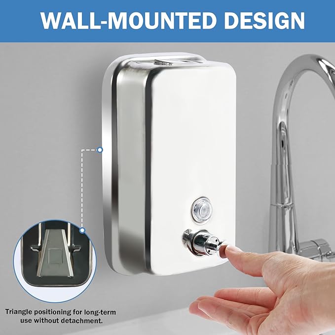 34 oz/1000ml Stainless Steel Commercial Soap Dispenser Wall Mount, Hand Soap Dispenser for Bathroom, Refillable Soap Liquid Dispenser for Bathrooms Kitchen Restaurants Hotel Hospitals