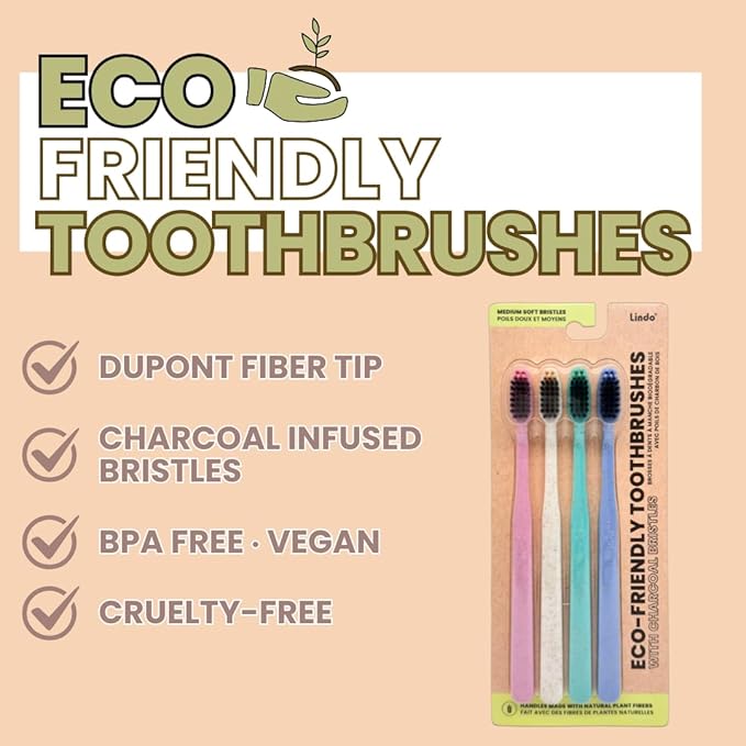 Lindo Eco-Friendly Toothbrushes with Charcoal Infused Bristles, Soft German Made Fiber Bristles, Organic and Recyclable, Multi-Colored, Pack of 4