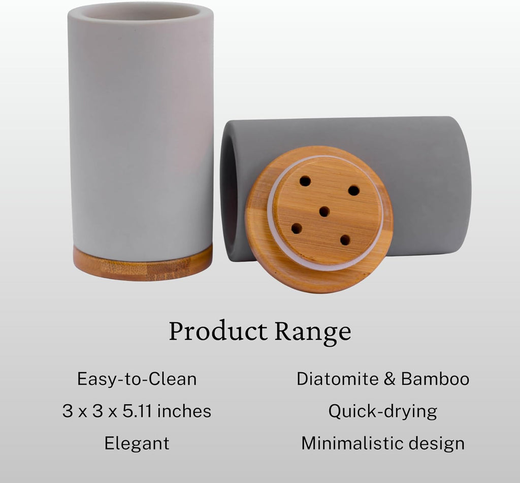 Matani Bamboo Toothbrush Holder Diatomite Tooth Brush Organizer - Storage Stand for Small Bathroom & Counter - Removable Base & Drain Holes, Water-Absorbent & Quick-Drying (Black)