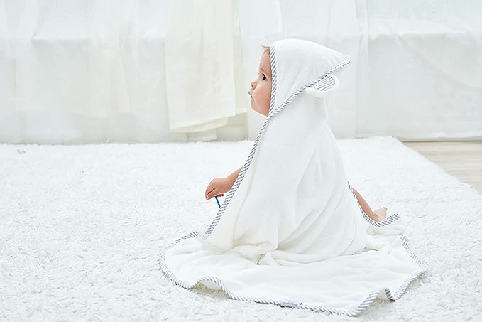 HIPHOP PANDA Hooded Towel - Rayon Made from Bamboo, Bath Towel with Bear Ears for Newborn, Babie, Toddler, Infant - Absorbent Large Baby Towel - White, 37.5 x 37.5 Inch