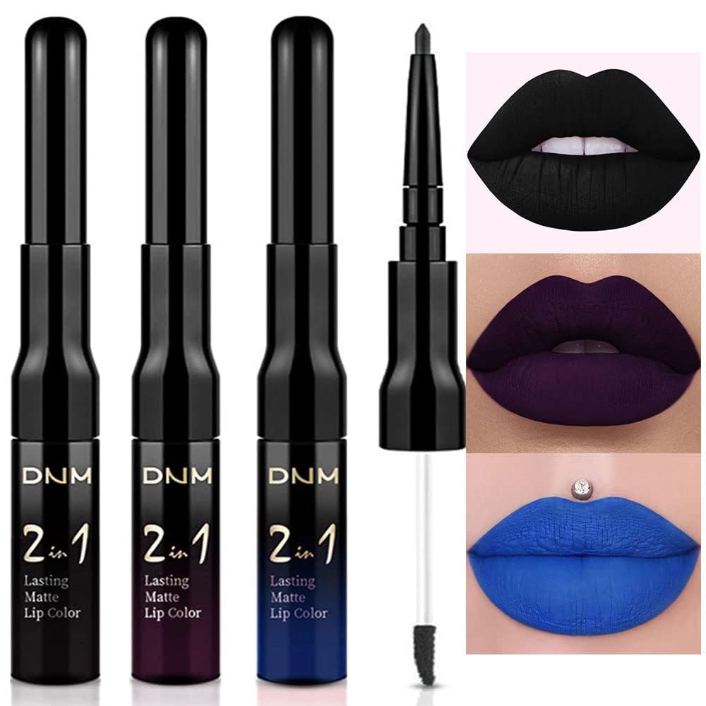 3Pcs 2 in 1 Dark Black Purple Royal Blue Lip Liner and Liquid Lipstick Stain Makeup Set for women, Long Lasting Smudge Proof Lip Tint Matte Finish Lip Gloss for All-Day Color Hold Easy to Use, Set07