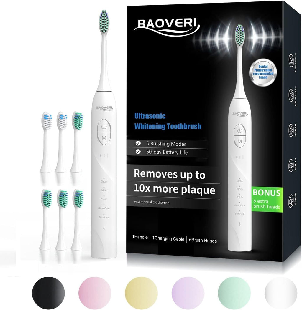BAOVERI Electric Toothbrush with 6 Dupont Brush Heads, Rechargeable Ultrasonic Electric Toothbrushes, IPX7 Waterproof, 5 Modes, 2 Minutes Smart Timer, 4 Hours Fast Charge for 60 Days