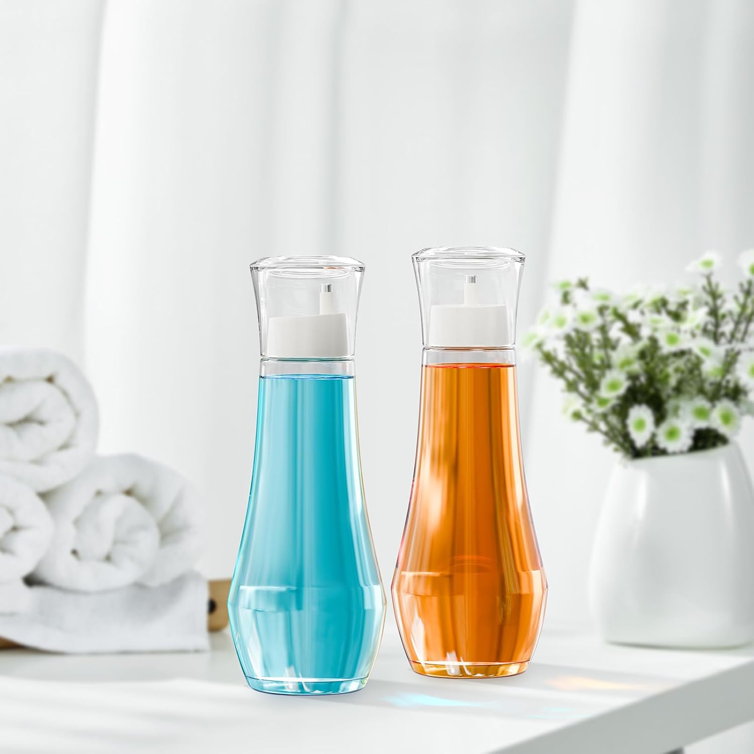 VITVITI Glass Mouthwash Dispenser for Bathroom, 8.8OZ Mouth Wash Container Bottle with Lid Cup, Small Clear Refillable Mouthwash Dispenser Decanter for Countertop, Set of 2