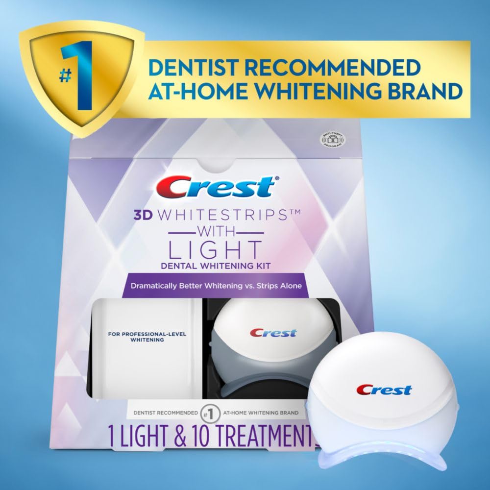 Crest 3D Whitestrips + LED Light – Teeth Whitening Kit, 1 Light + 10 Treatments, Each with 1 Upper/1Lower, 20 Strips – Crest 3DWhite Teeth Whitening Strips