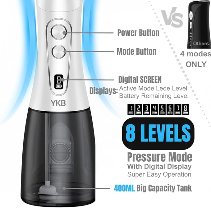 YKB Water Flosser for Teeth, 400ml 8 Modes Portable Water Flosser Cordless with Digital Display, Travel Water Oral Irrigator for Teeth Cleaning & Oral Care Rechargeable IPX7 Waterproof (White)