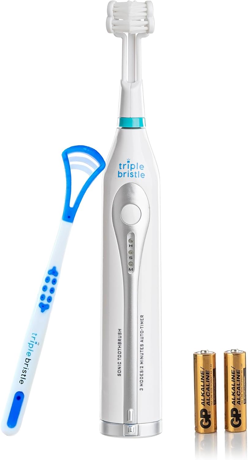 Triple Bristle GO | Portable AA Battery Sonic Toothbrush for Travel | Three Brush Modes | Great for Autistic & Special Needs Adults and Kids Teeth Whitening Stri